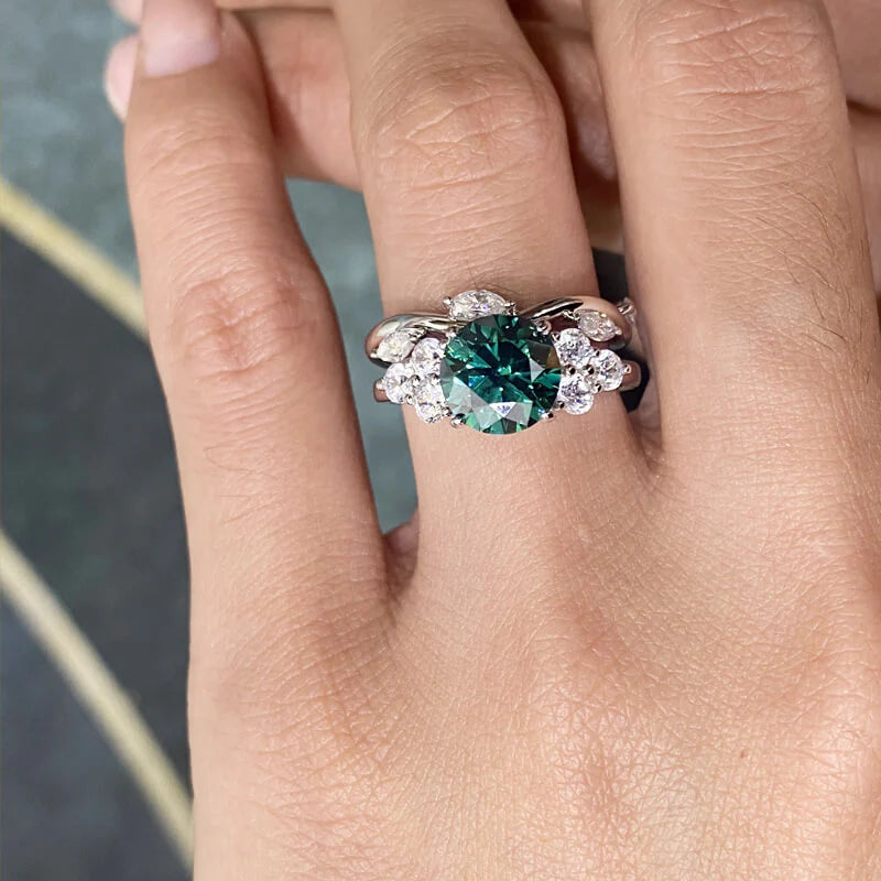 Green Moissanite Side Stone Engagement Ring
